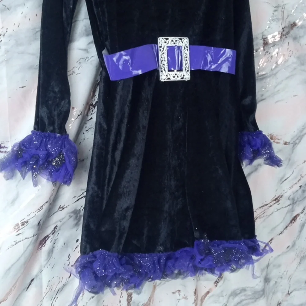 👻 Spirit Black and Purple Velvet Witch Kids Costume Dress - Picture 3 of 5